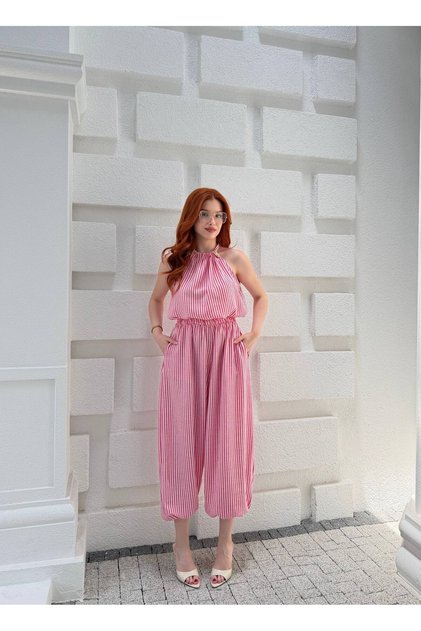Women's Striped Halter Neck Two-Piece Set Casual Blouse Baggy Pants Summer Set