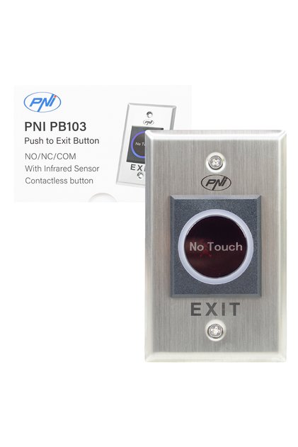Intrerupator de acces incastrabil PB103, fara atingere, NO/NC/COM, 12V/24V DC, LED stare, metalic, 5 fire