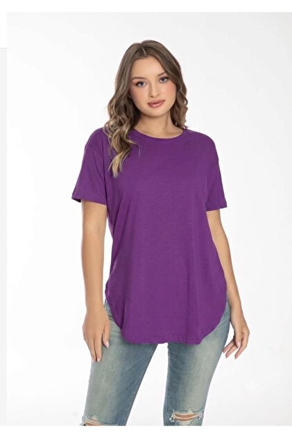 Mor Etegi Dikişli Yırtmaclı Oval Kadın T-shirt