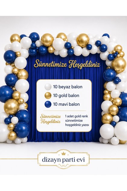 Sünnetimize Hoşgeldiniz Gold Yazı Balon Seti 30'lu Beyaz Gold Mavi Balonlu Sünnet Parti Dekorasyon Seti