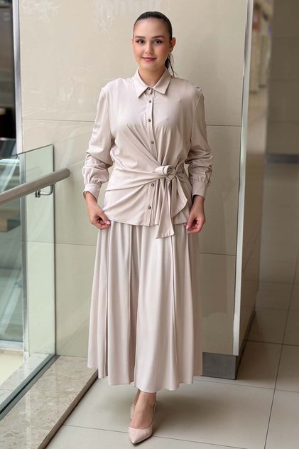 Shirt with Belt Accessories and Ribbed Skirt Set