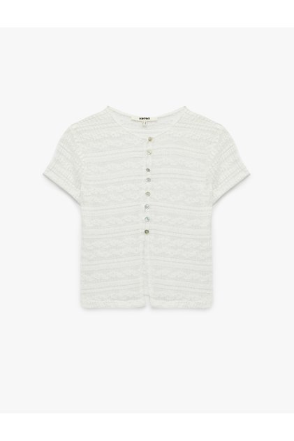 Slim Fit Short Sleeve Crew Neck Buttoned Lace Blouse