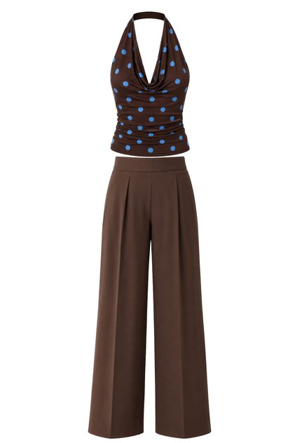 Women's Brown Degaje Collar Polka Dot Blouse & High Waist Palazzo Pants Bottom-Top Set