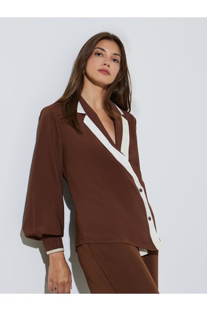 Brown Contrast Lapel Neck Wrap Top