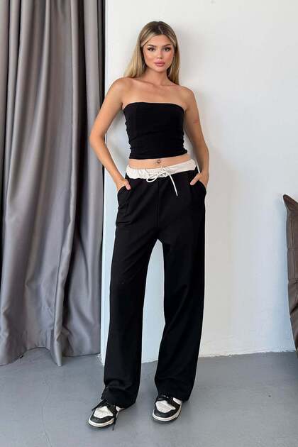 Women's Adjustable Waist Double Pocket Wide Leg Sweatpants Black - 3035