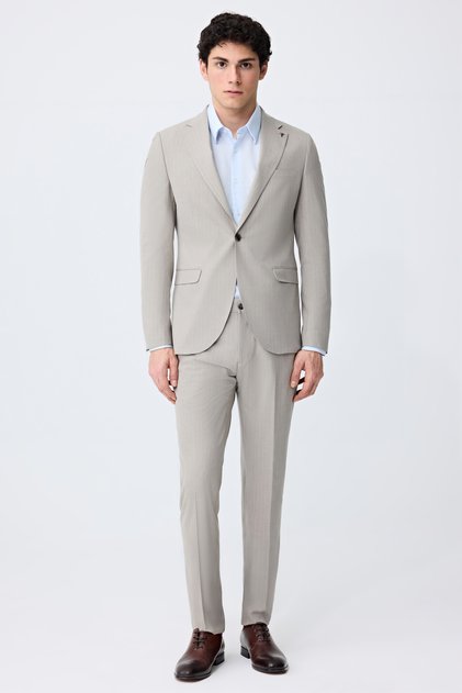 Slim Fit Bej Çizgili Takim Elbise