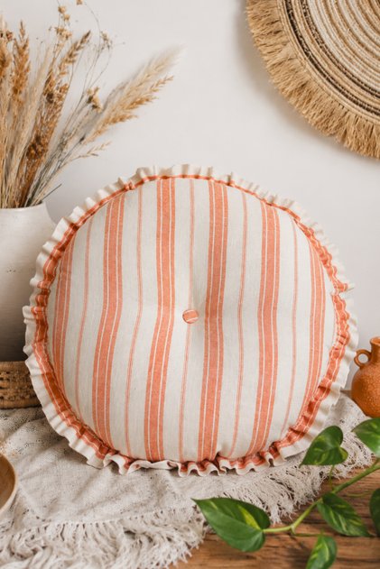 45 cm Round Orange Striped Throw Pillow – Decorative Pillow with Ruffles, Button Detail, and Silicone Filling - Bohemian Pillow