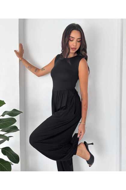 Kadın Basic Kolsuz Bisiklet Yaka Beli Büzgülü Cepli Salaş Şalvar Tulum