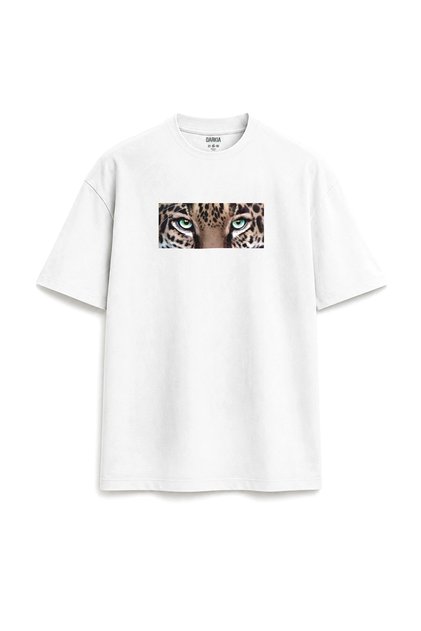 Leopard Eyes Patterned Special Design Printed Relaxed Fit Unisex White T-Shirt