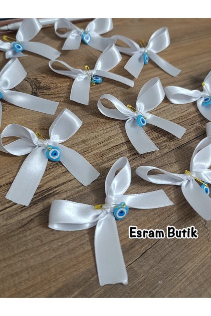 White Satin Evil Eye Beaded Ribbon Bow, Bundle, Dowry, Wedding, Engagement, Circumcision, Parcel, Gift 10 Pieces