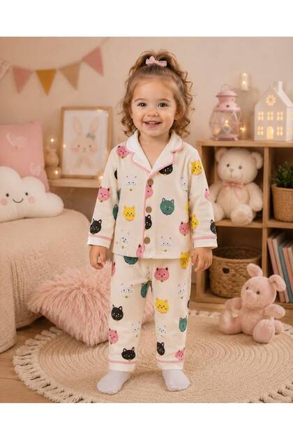 100% Cotton Long Sleeve Buttoned Seasonal Cat Patterned Soft Textured Bottom and Top Unisex Baby Pajama Set for Girls and Boys