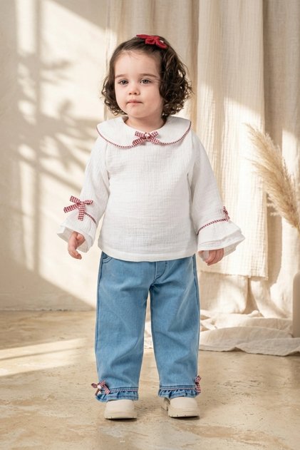 Girl's White Muslin Blouse and Gingham Bow Detailed Denim Trousers Two-Piece Combination Set - 100% Cotton