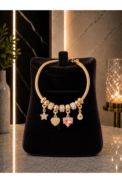 316L Premium Zirkon Pembe Kalp ve Luna Kalp Tasarımlı Charmlı Zarif Bileklik Gold-Gümüş