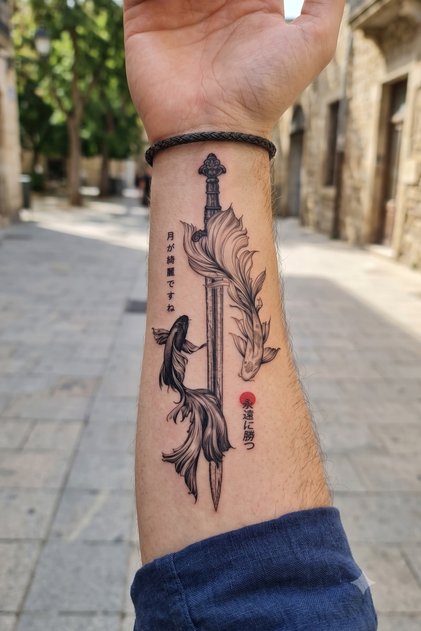Kılıç ve Koi Balığı Temalı Japon Yazılı Orta Boy Geçici Dövme