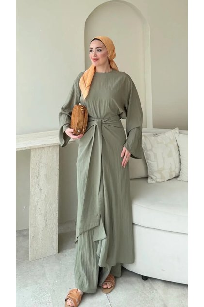 Women's Three-Piece Hijab Set with Crossed Waist Tied Pants - Khaki
