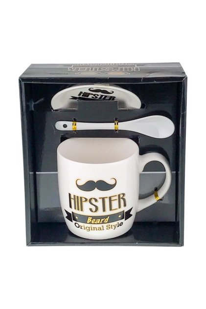 Set Hipster Beard, cana din ceramica cu lingurita si capac