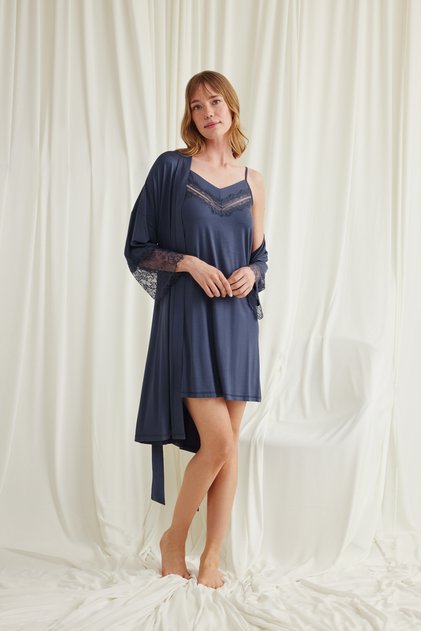 Indigo Blue Robe Nightgown Set, Women's Lace Viscose 2-Piece Nightgown Set, V-Neck Guipure Home Dress Pajamas, Stylish Night Blue Sleepwear