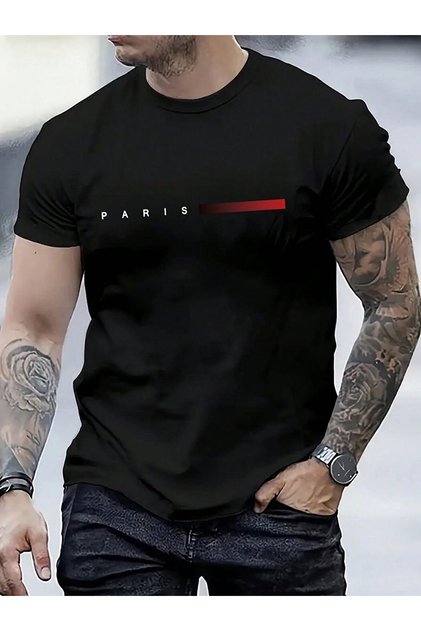 Men's Black Paris Print 100% Organic Cotton Knitted Oversize T-Shirt