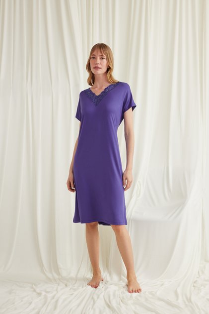Purple Lace Nightgown, Women's Short-Sleeved Viscose Home Dress, V-Neck Guipure Maternity Nightgown, One-Piece Stylish Purple Sleepwear