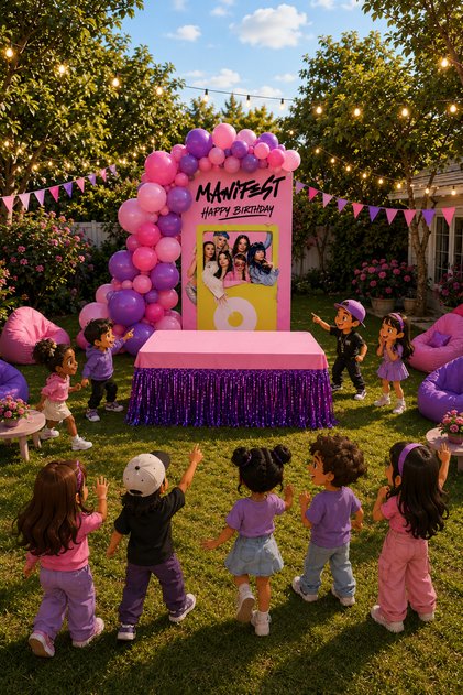 Manifest Happy Birthday Birthday Decorations Party Set 67 Pieces Pink Purple Canvas Banner Balloon Chain Table Skirt Dusty Pink Concept