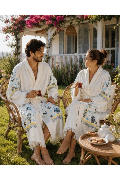 Muslin Stone Print Sea Bathrobe Hooded, 100% Cotton - Hooded - Sea-Spa-Pool-Bath Unisex Bathrobe