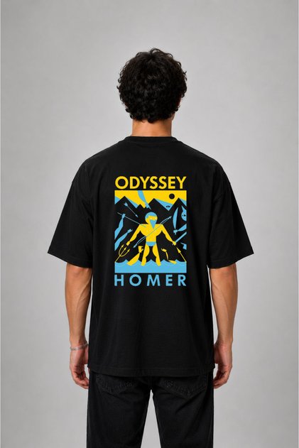 Odyssey Homeros Printed Cotton Oversize Black T-Shirt