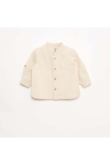 Mandarin Collar Shirt with Roll-Up Sleeves BEIGE