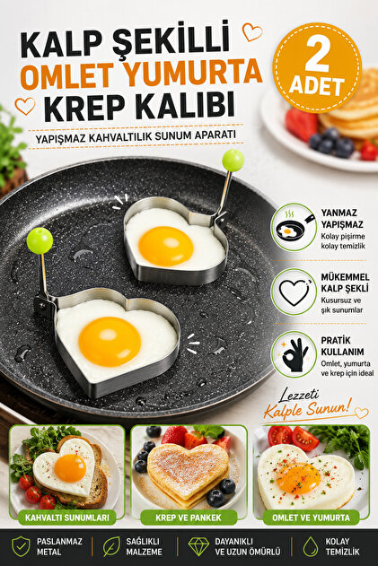 2 Adet Kalp Şekilli Omlet Yumurta Krep Kalıbı Yapışmaz Metal Kahvaltılık Sunum Aparatı