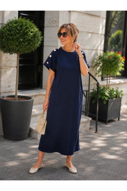City Chic Crew Neck Button Detailed Long Viscose Dress