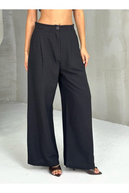 New Season 100% Linen Side Three Pleats Zippered Buttoned Crossed Extra Wide Leg Wide Palazzo Pants