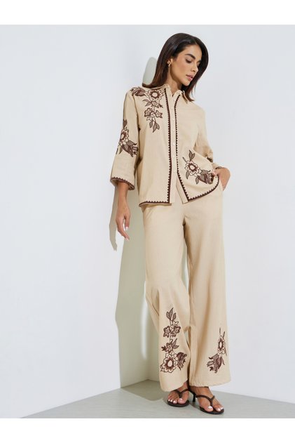 Embroidered Shirt And Wide Leg Pant Set