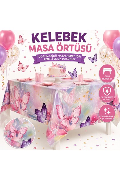 Kelebek Doğum Günü Plastik Masa Örtüsü 120x180 cm | Kelebek Temalı Parti Masa Örtüsü | Doğum Günü Masa Dekorasyonu