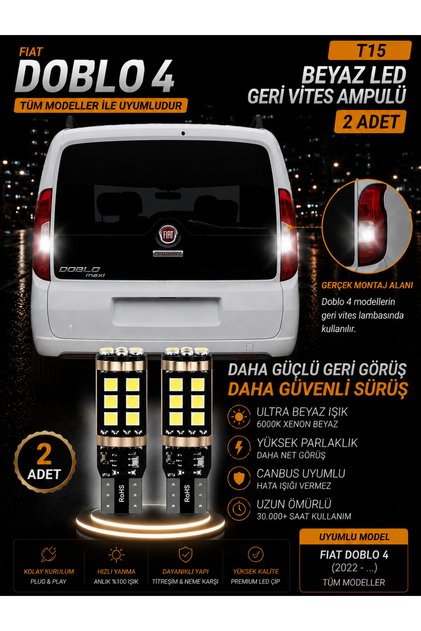Fiat Doblo 4 Uyumlu T15 W16W LED Geri Vites Ampulü Canbus Hatasız 6000K Kristal Beyaz Güçlü Işık 2 A
