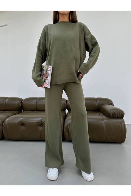 Women's Crew Neck Oversize Sweater-Pants Knitwear Women's Bottom-Top Set