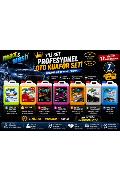 7'li Profesyonel Oto Kuaför Seti 7x4 KG | Cilalı Oto Şampuan + Hızlı Cila + Lastik Parlatıcı + Jant Temizleyici + Motor Temizleyici + Torpido Parlatıcı + Genel Detay Temizleyici