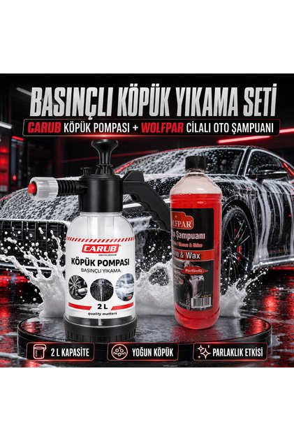 2 L Basınçlı Köpük Makinası ve WOLFPAR Cilalı Oto Şampuanı 1000 ml Araç Yıkama Seti