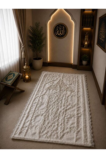 French Embroidered Dowry Velvet Prayer Rug Cream