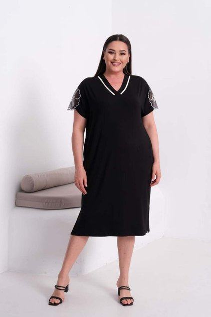 Women's Black Clover Patterned Sleeve Detailed Combed Cotton Stylish Dress