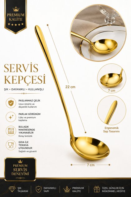 Altın Paslanmaz Çelik Servis Kepçesi 22 cm Gold Çorba Kepçesi Şık Mutfak Servis Kaşığı