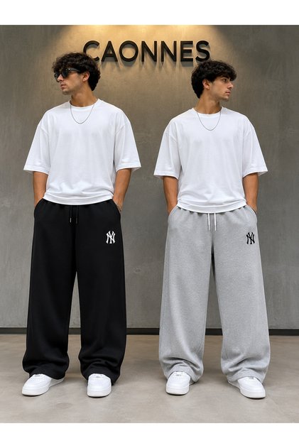 2-Pack Men's Ny Printed Sweatpants (Black-Grey) Oversize Baggy Loose Legs