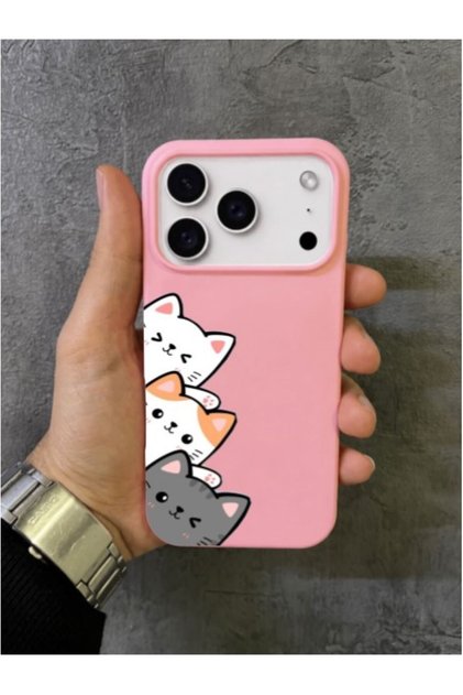 iPhone 17 Pro Max - 18 Pro Max Compatible Side-Facing Triple Cat Pattern Pink Case