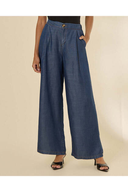 Women Blue Tencel Wide Leg Pants