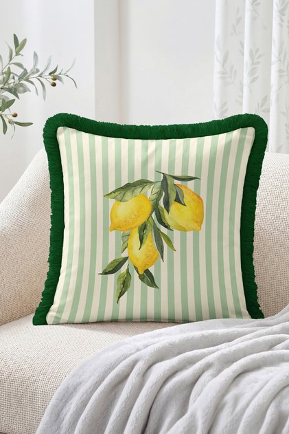 Fringed Throw Pillow Cover with Lemon and Leaf Figures and Vertical Line Pattern - Mediterranean Style Decorative Pillow Cover