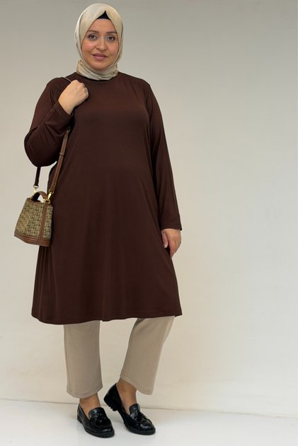 38501 Large Size Basic Combed Cotton Tunic - Brown