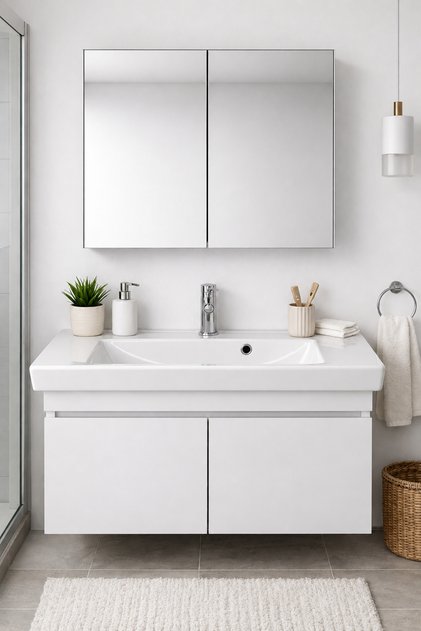 DMZ Home Concept 85*38 cm Banyo Dolabı Takımı %100 MDF Aynalı Üst Dolaplı Turkuaz Porto Seramik Lavabolu Beyaz