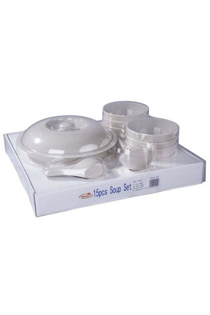 15-Piece Melamine Soup Set Ivory, 6pcs Small Bowl 5 inch, 1pc Large Bowl w/lid 10 inch, 1pc Soup Ladle, 6pcs Soup Spoon