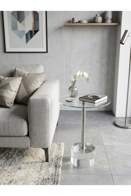 Single Service Table, Glass Top with Steel Column