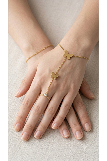 Women's Gold Color Steel Şahmeran Bracelet with Butterfly Figure and Zircon Solitaire Ring