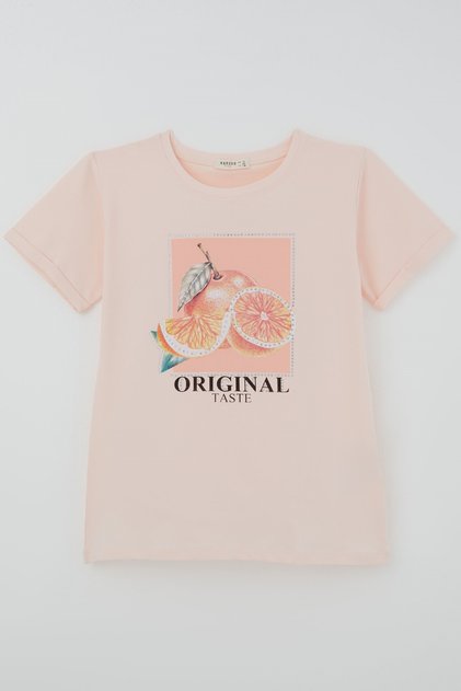 Girl's Short Sleeve T-Shirt with Citrus Print and Stone Accessories, Ages 10-16, Powder