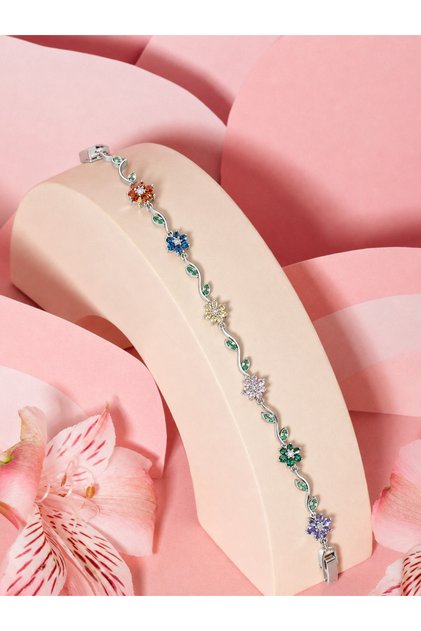 Bloom Collection Flores Renkli Taşlı Silver Çelik Çiçekli Bileklik